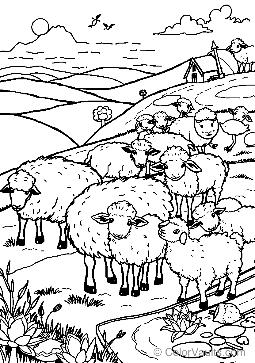 Flock Of Sheep On Hill
