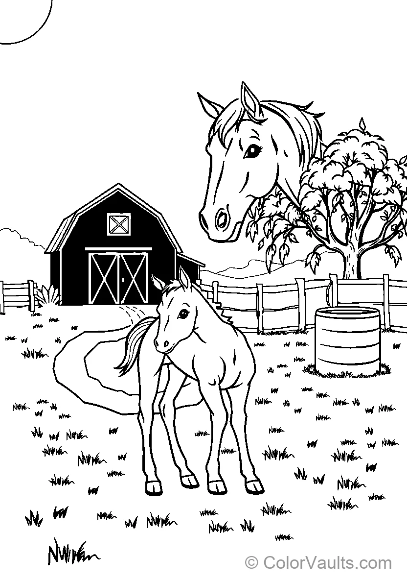 Horse With Foal Near Barn