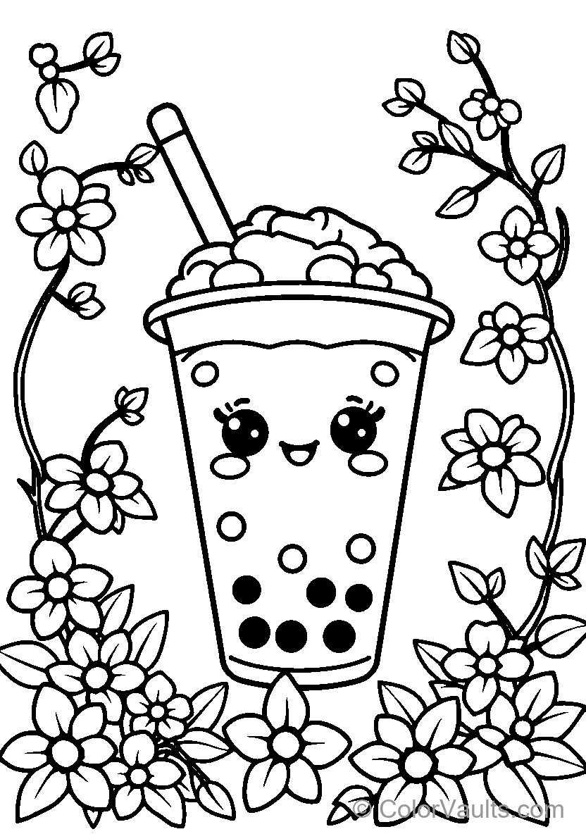 A Cheerful Bubble Tea With Floral Surroundings
