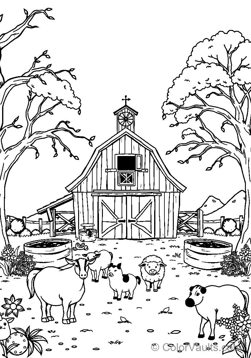 Barn Scene With Cows Sheep Goats Pigs Flowers And Trees