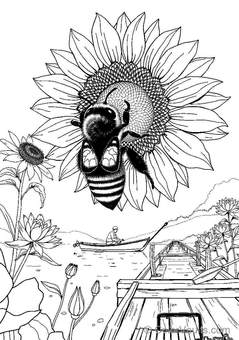 Bee With Human Face Hovering Over Sunflower