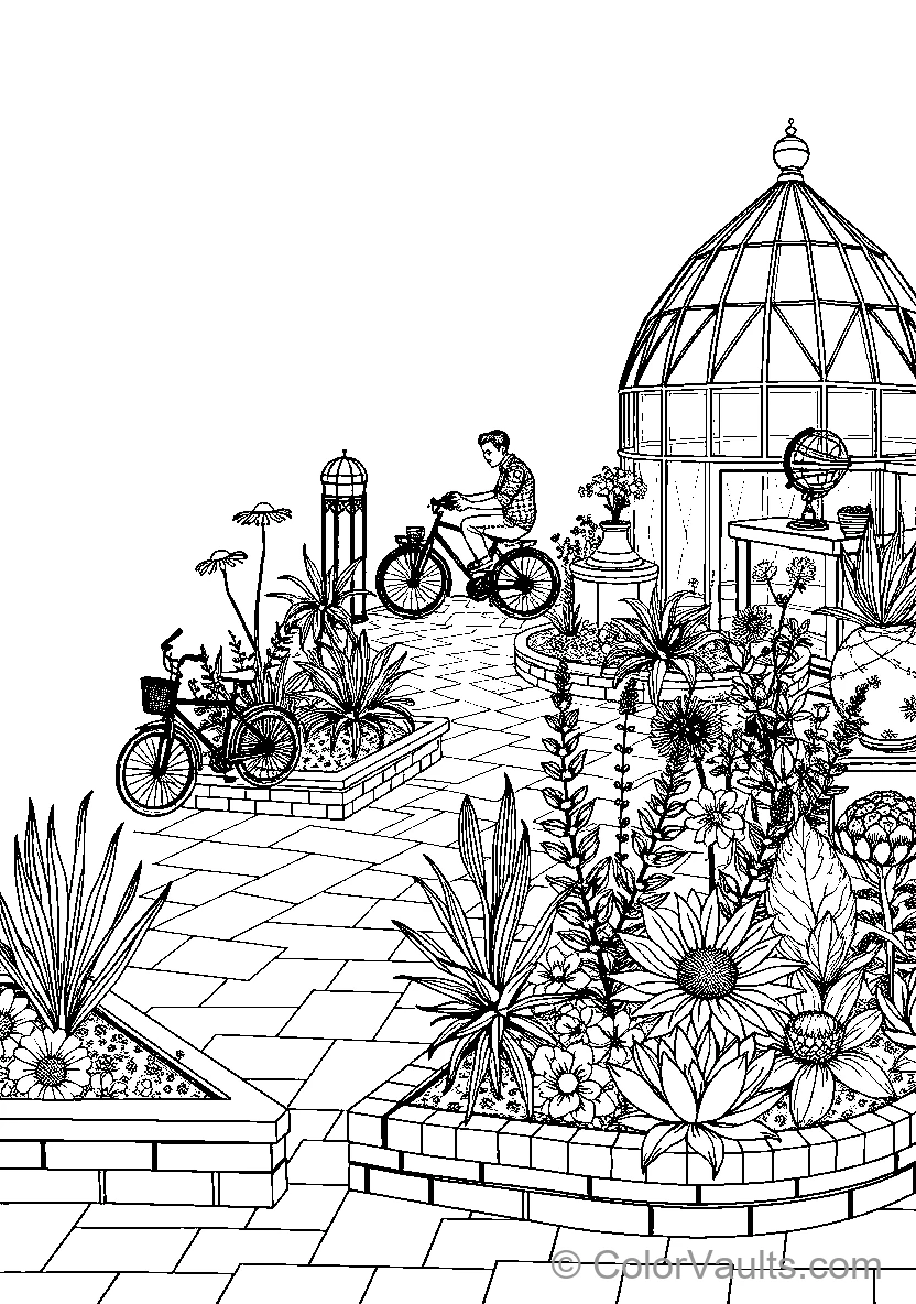 Bicyclist In Garden Path