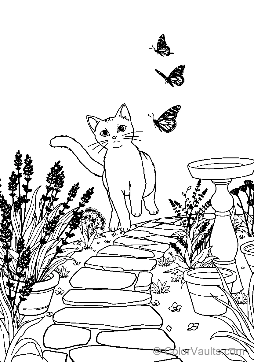 Cat In Garden With Butterflies