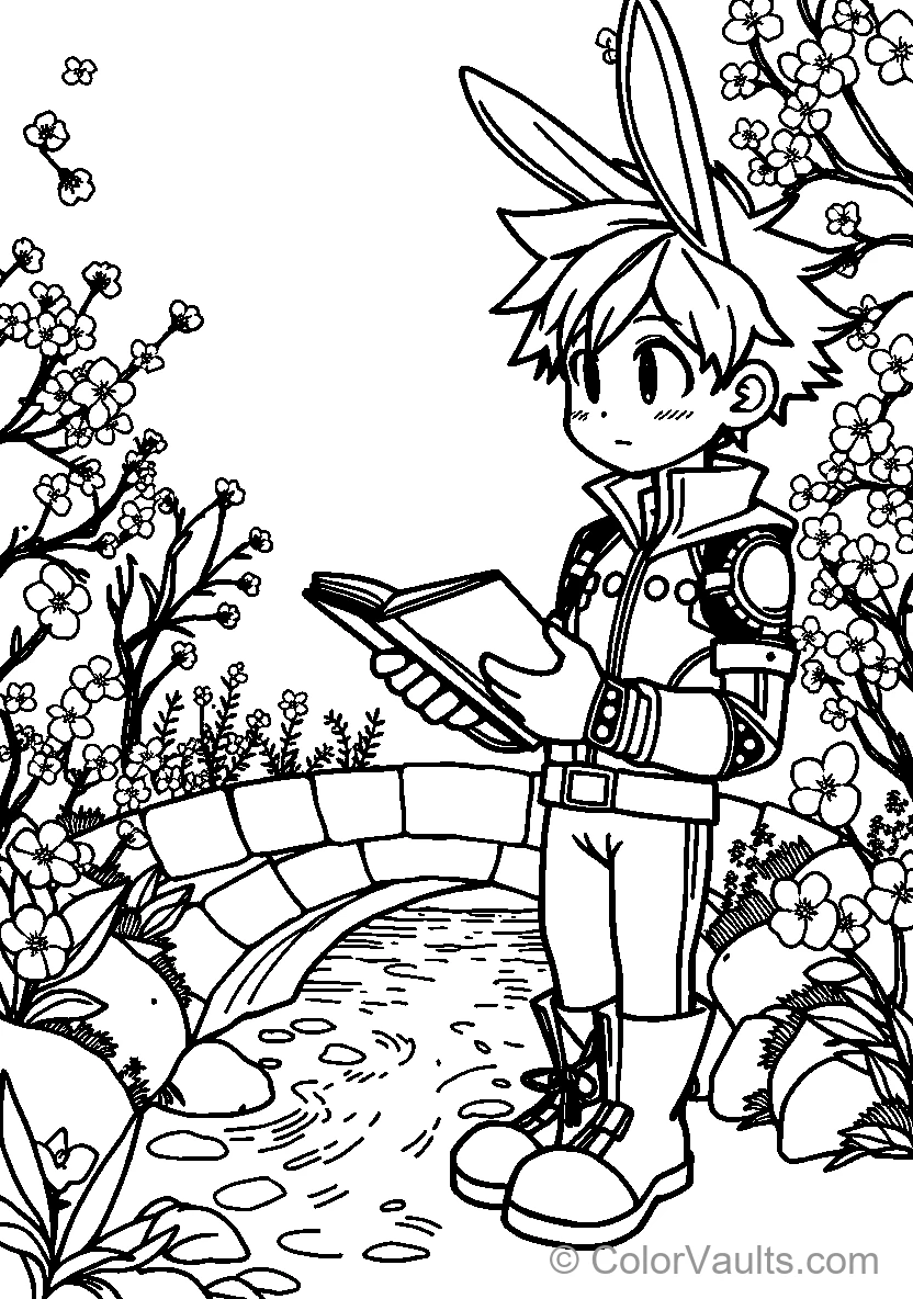 Character In Bunny Eared Outfit Reads By Flowers
