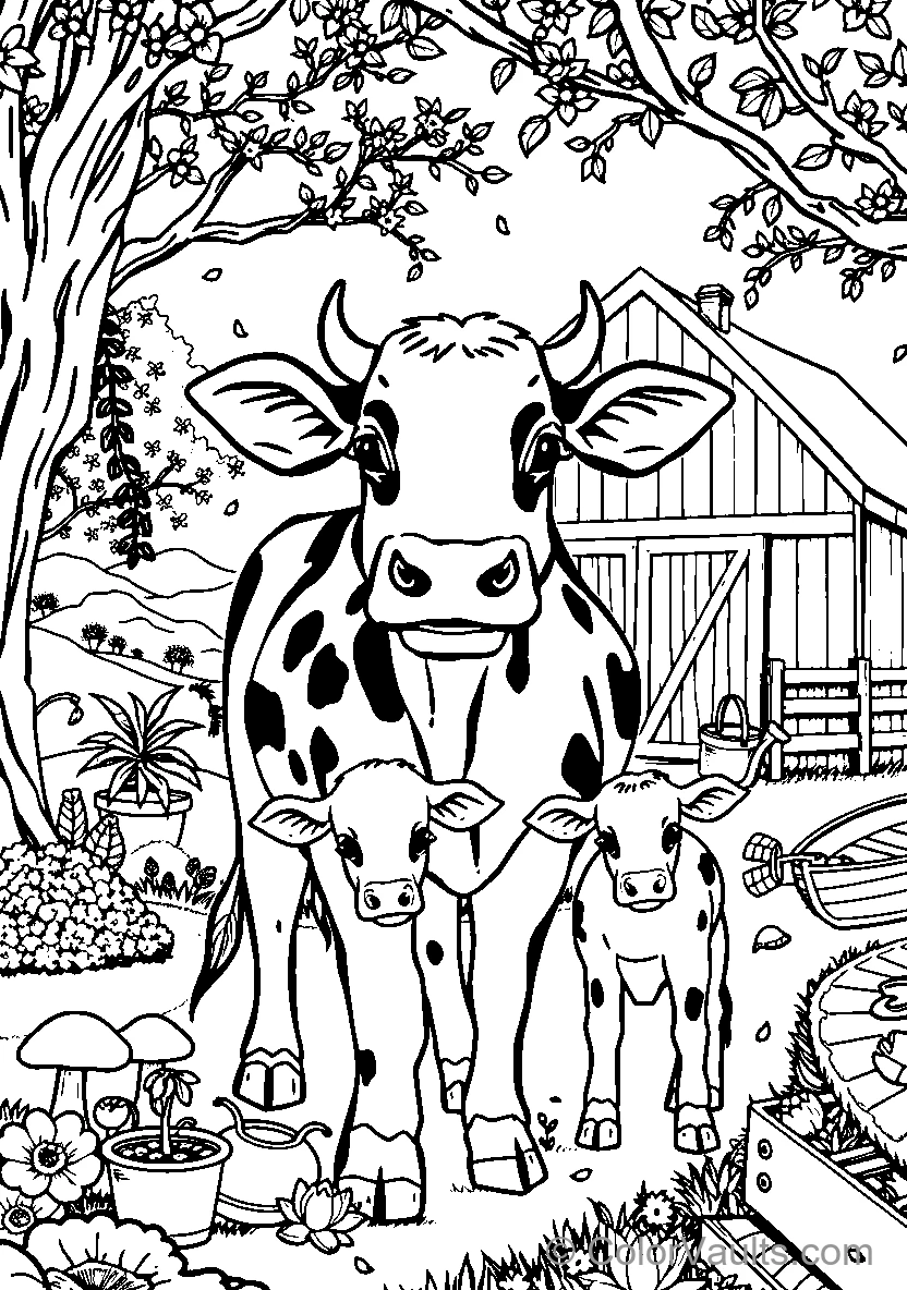 Cow Family In A Garden