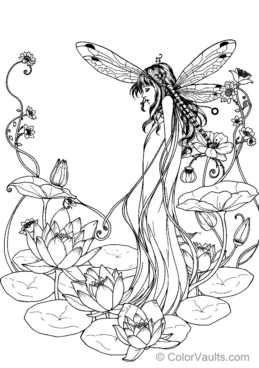 Dragonfly Fairy Among Flowers