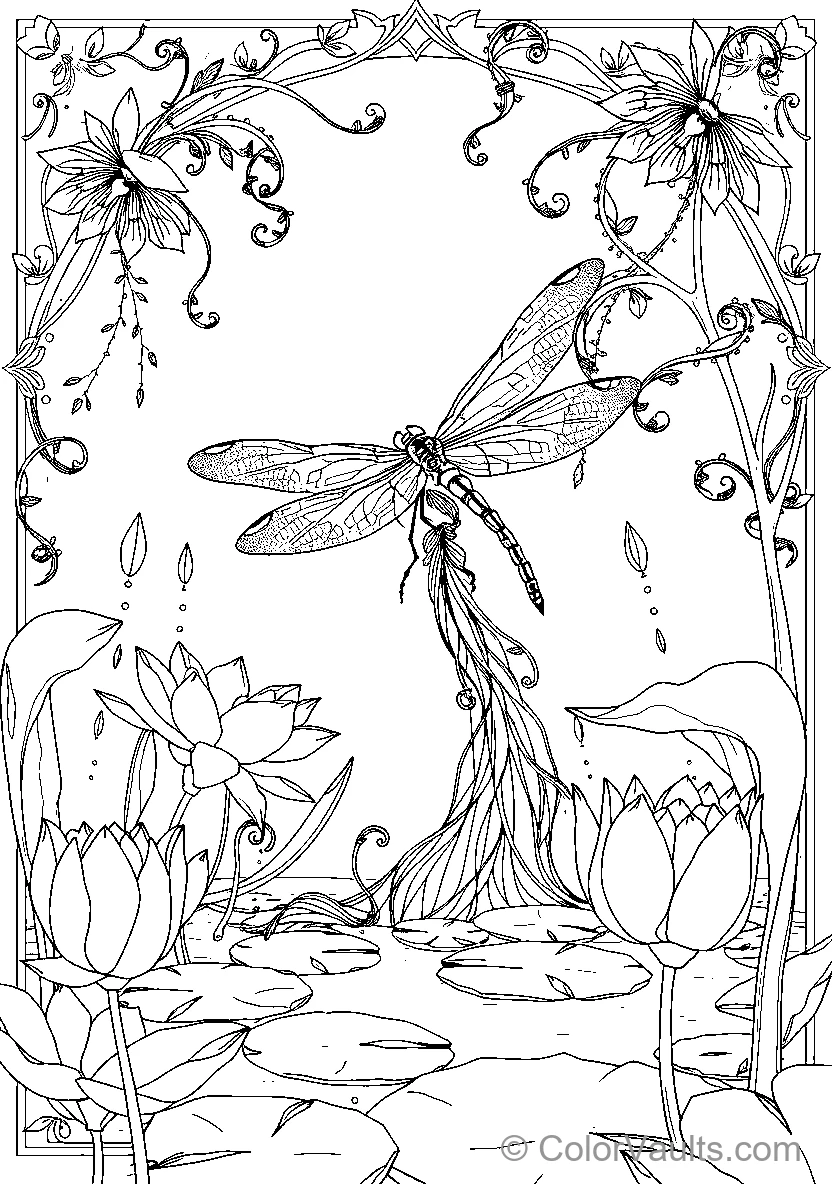 Dragonfly Among Lotus Flowers