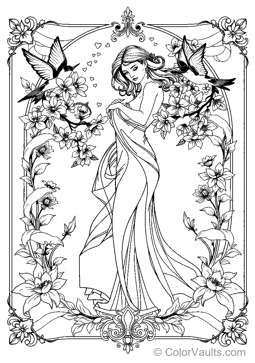 Elegant Woman Amongst Birds And Flowers