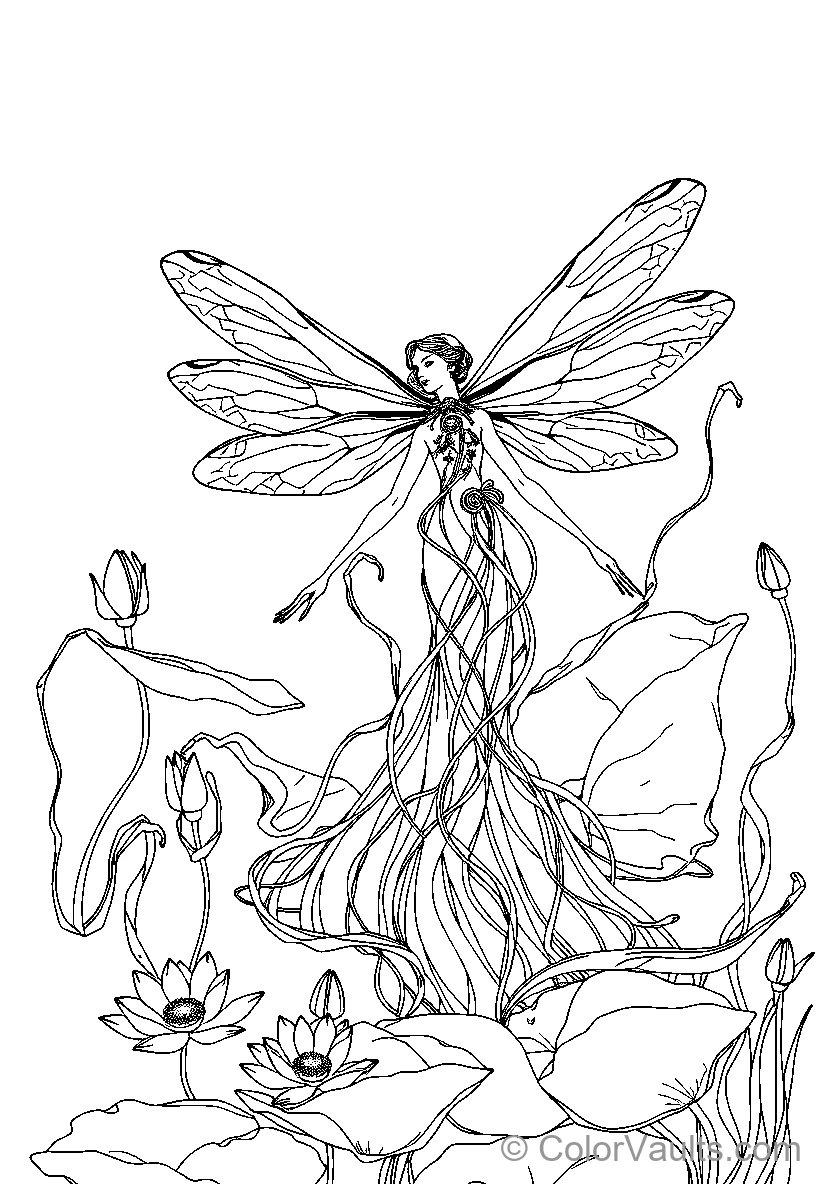 Fairy Dragonfly Among Lotus Flowers
