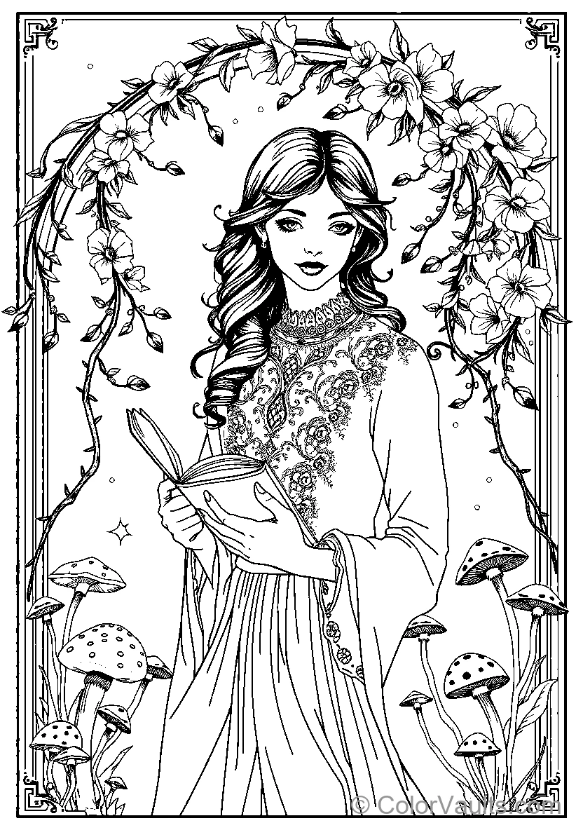 Floral Woman Among Mushrooms
