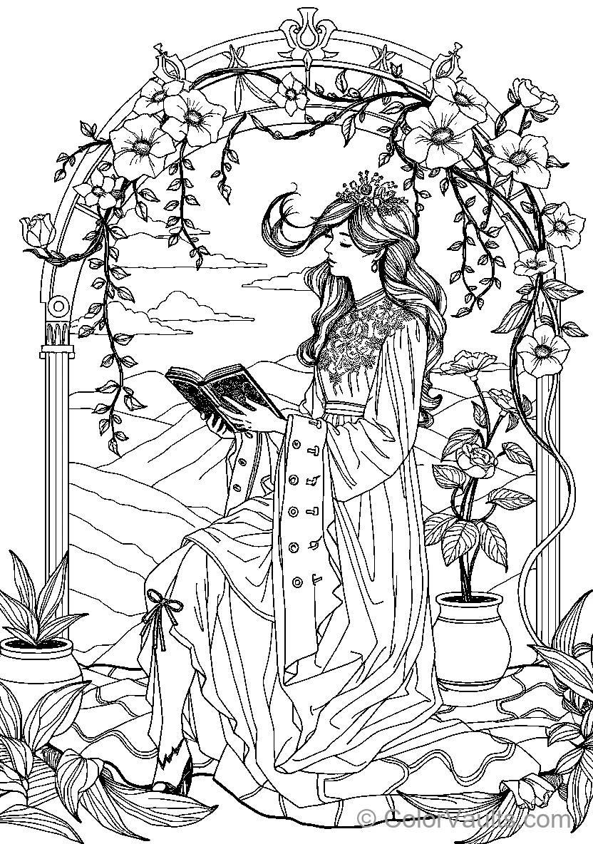 Flower Adorned Woman Reading