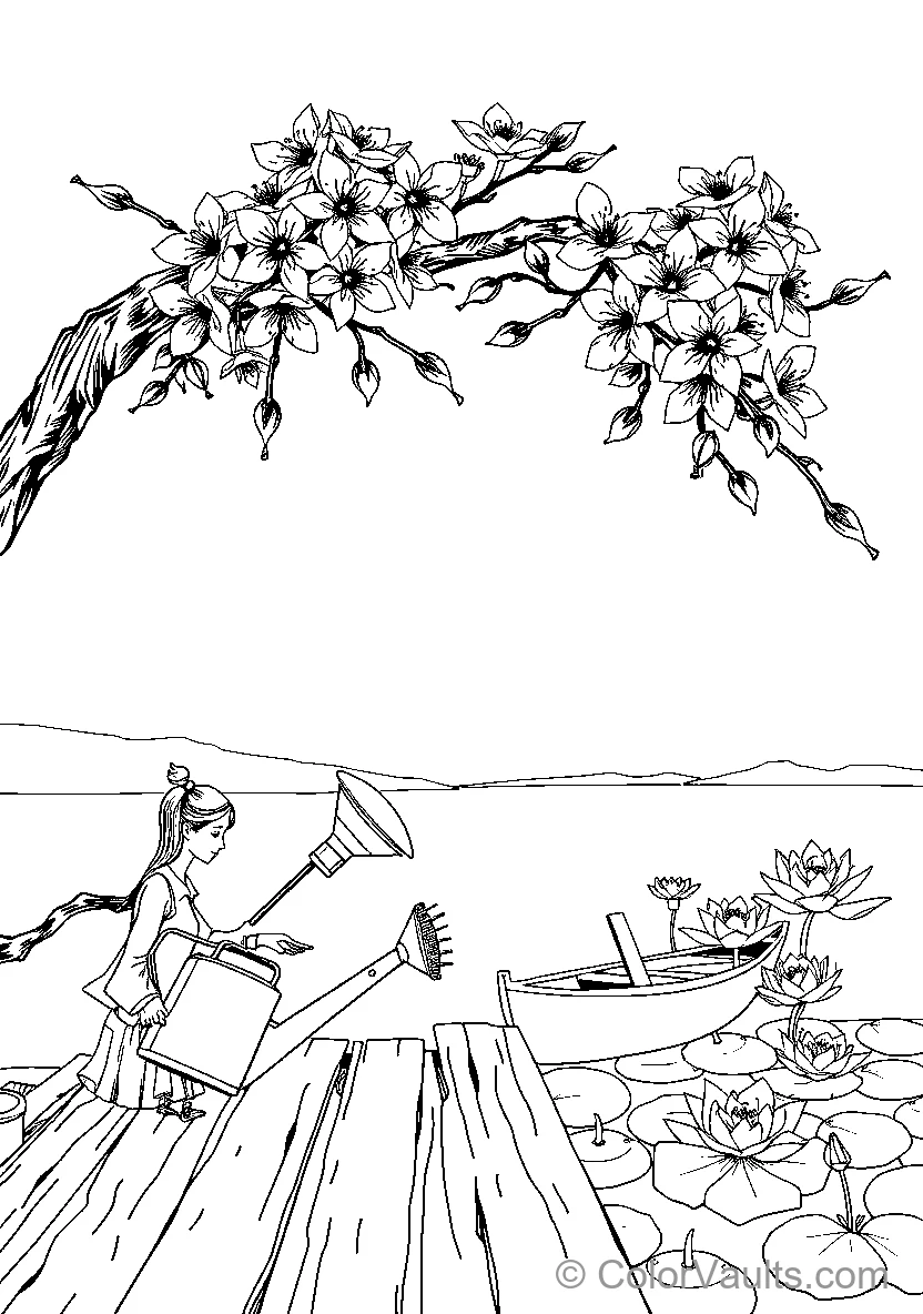 Girl With Gardening Tools Near Blooming Branches