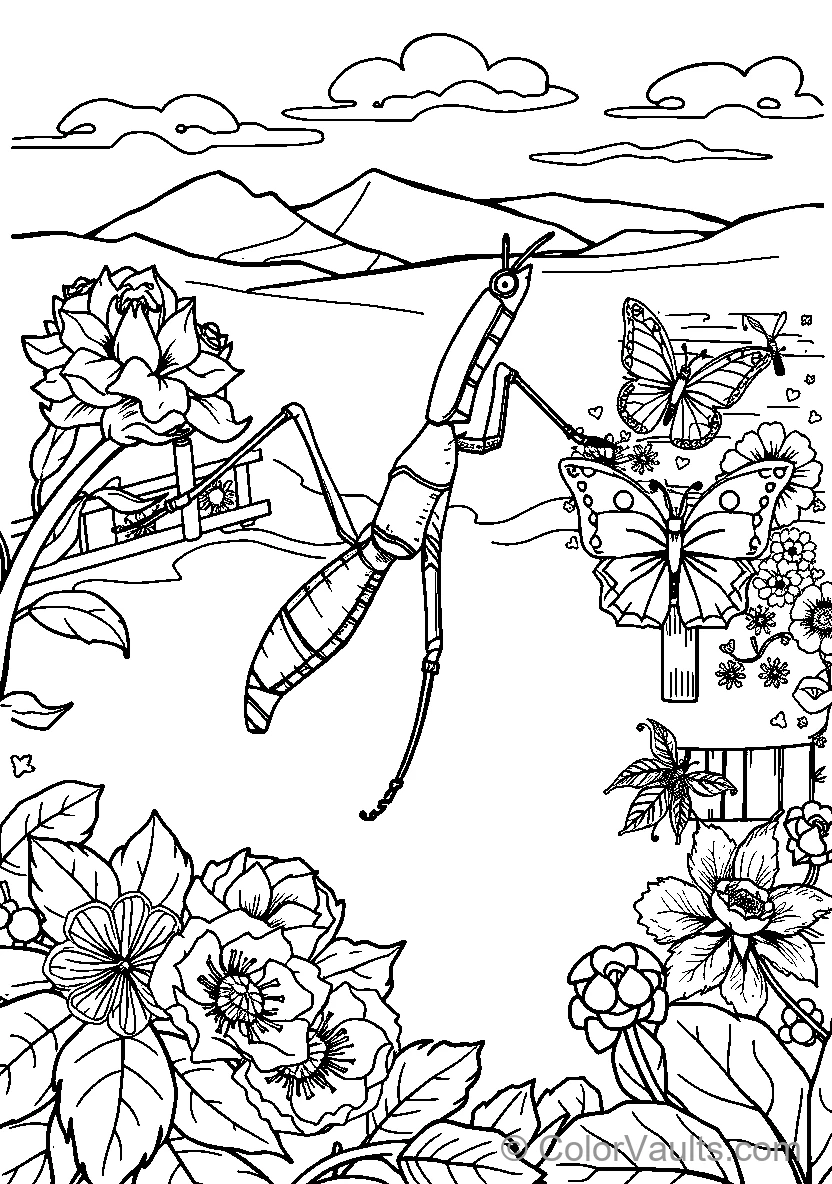 Grasshopper Among Flowers