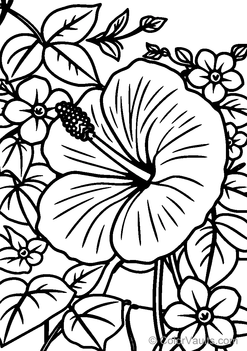 Large Hibiscus Flower Among Smaller Flowers