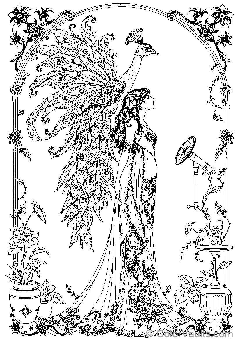 Peacock And Woman In Floral Decorations