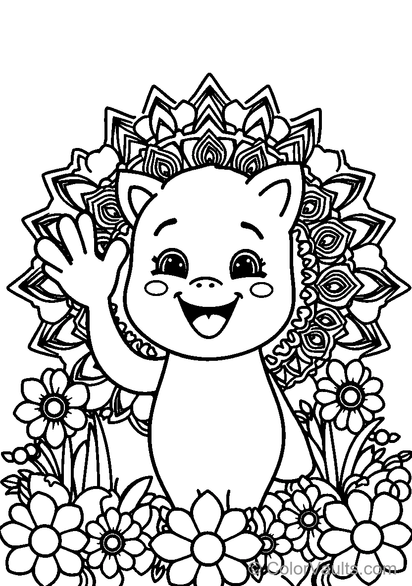 Smiling Cartoon Cat Among Flowers
