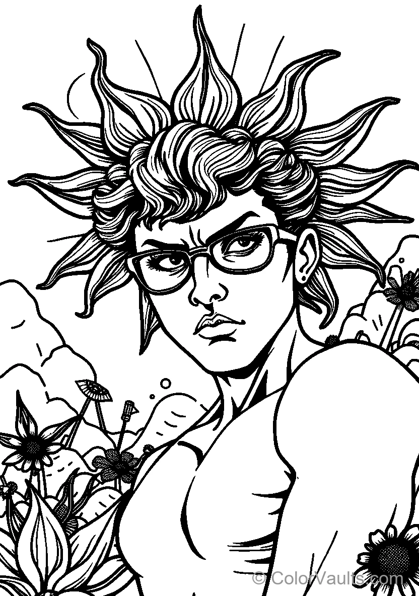 Spiky Haired Character Among Flowers