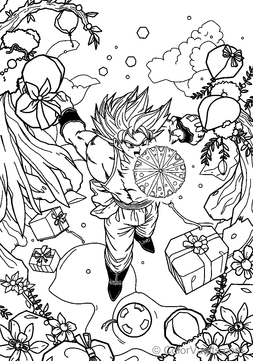 Spiky Haired Character With A Fan Among Gifts And Flowers