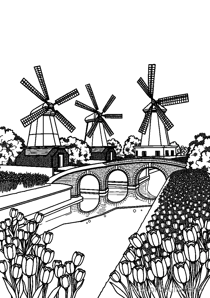Windmills By The Tulip Fields