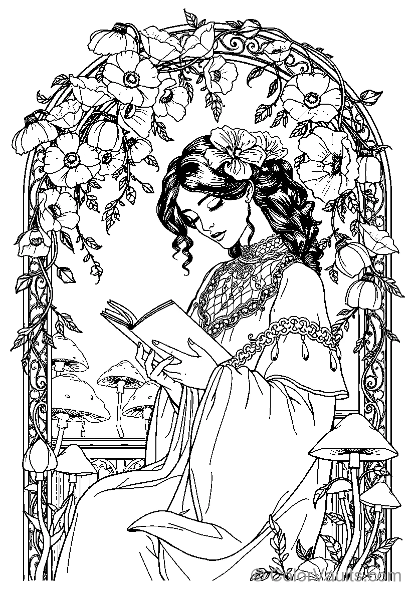 Woman In Floral Garden Reading