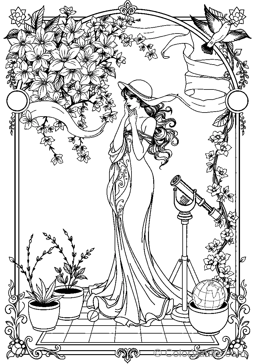 Woman With Telescope Among Flowers