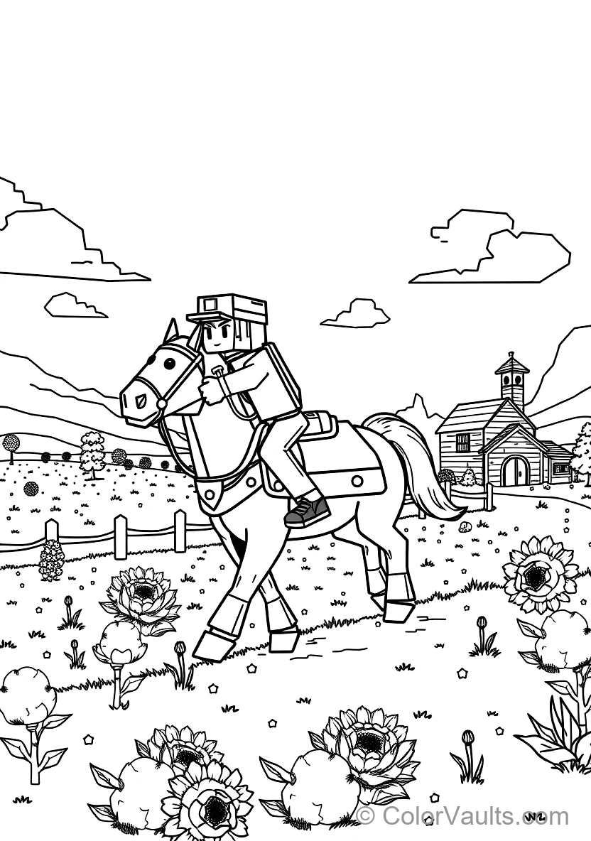 Voxel Adventurer Riding a Saddled Pixel Horse Across a (Scene 4)