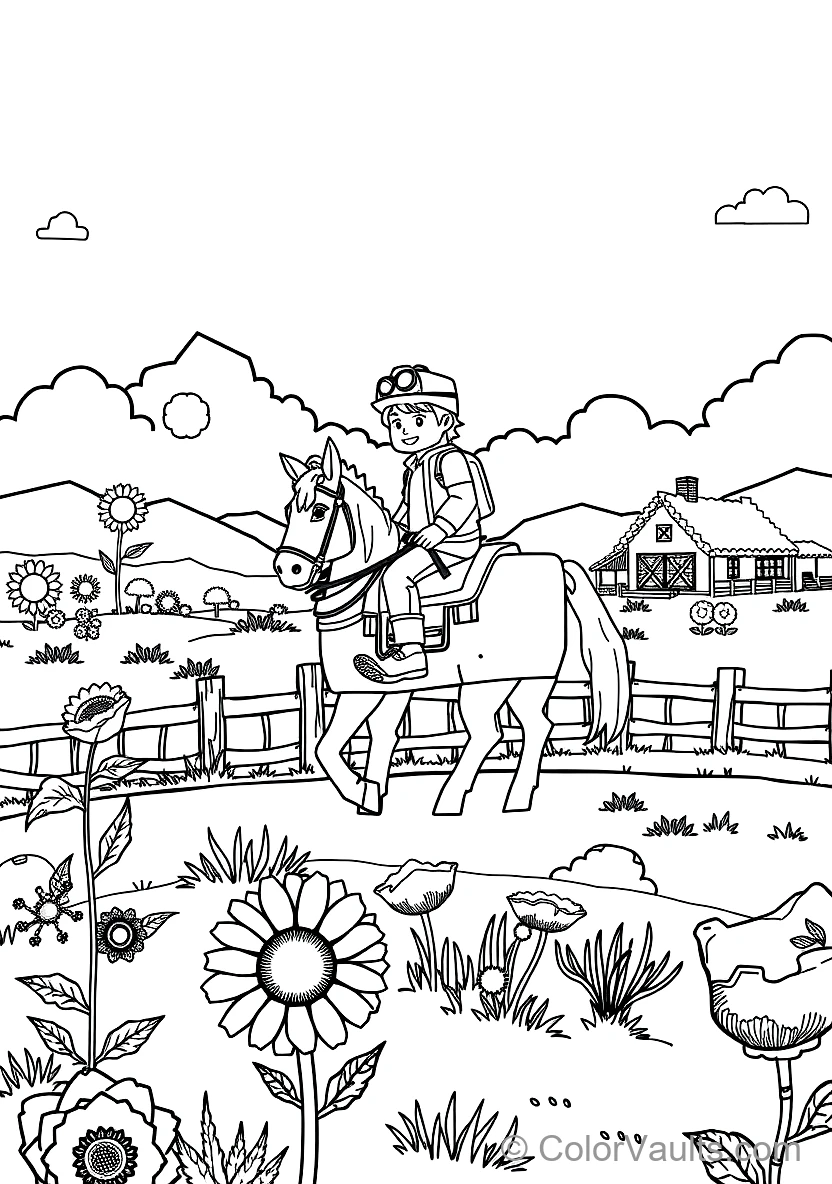 Voxel Adventurer Riding a Saddled Pixel Horse Across a (Scene 5)