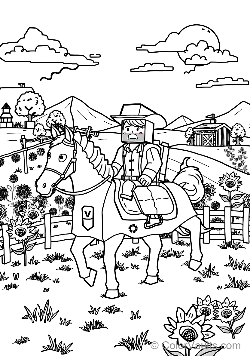 Voxel Adventurer Riding a Saddled Pixel Horse Across a (Scene 7)