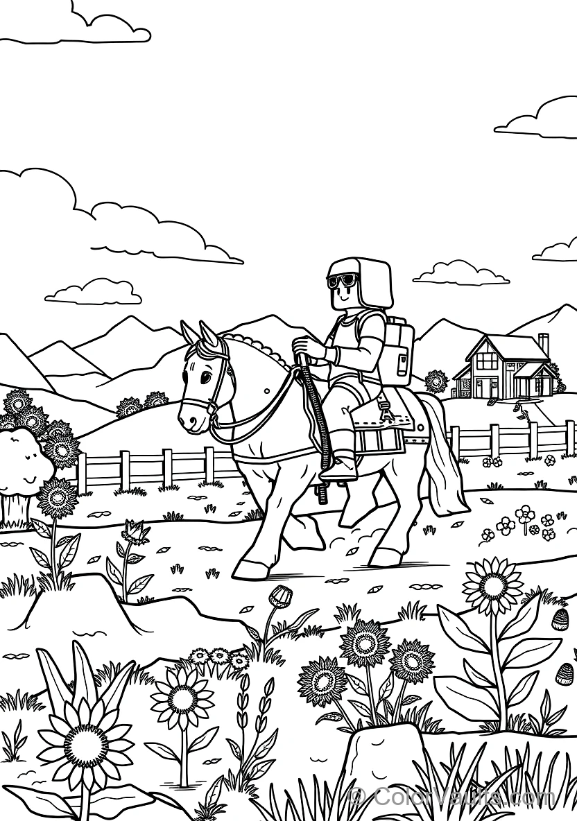 Voxel Adventurer Riding a Saddled Pixel Horse Across a (Scene 9)