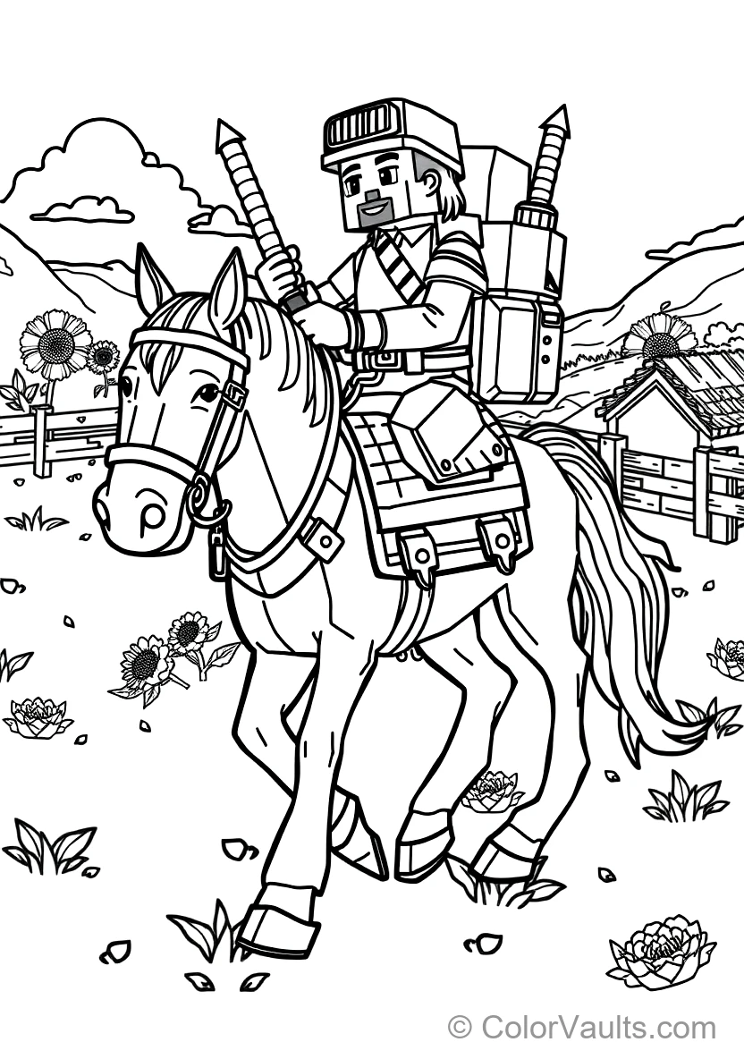 Voxel Adventurer Riding a Saddled Pixel Horse Across a (Scene 10)