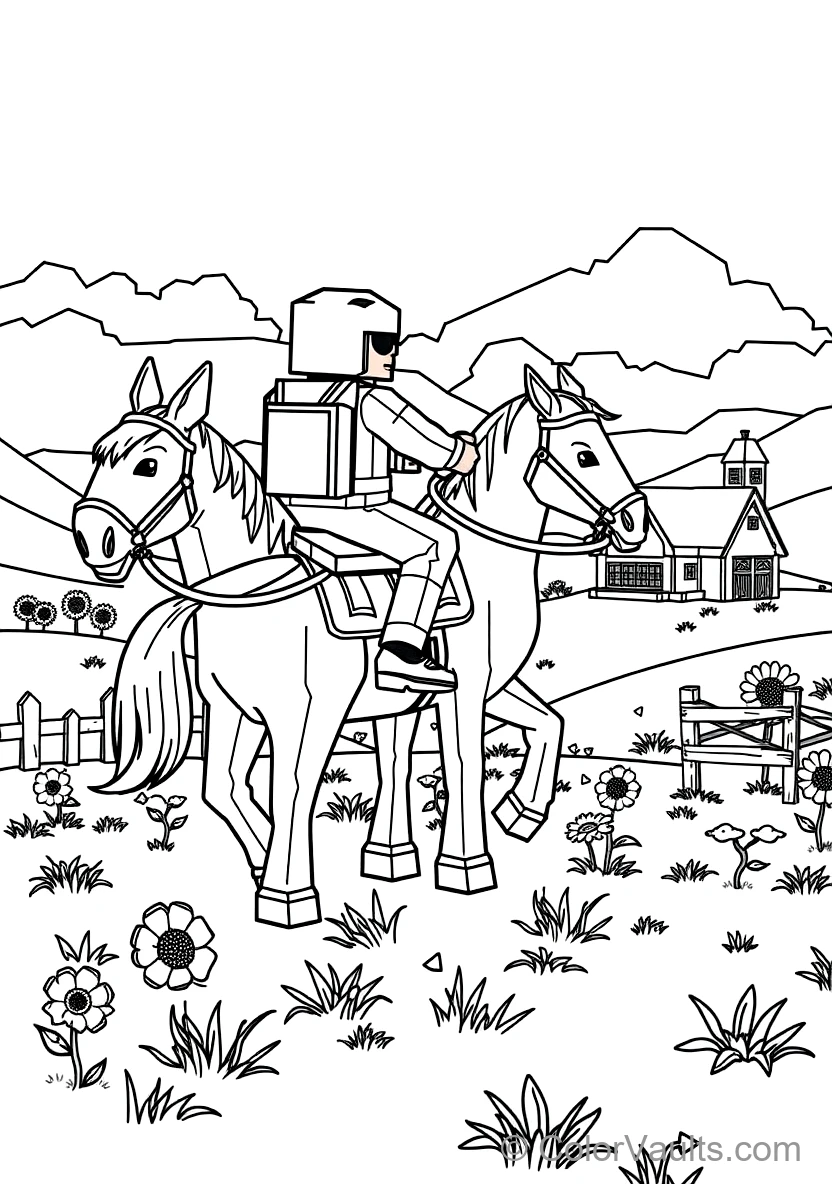 Voxel Adventurer Riding a Saddled Pixel Horse Across a (Scene 11)