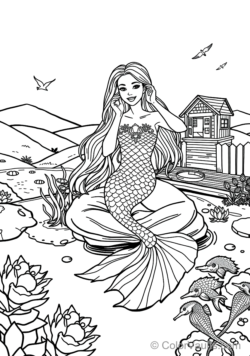 Graceful Mermaid with Long Flowing Hair Sitting