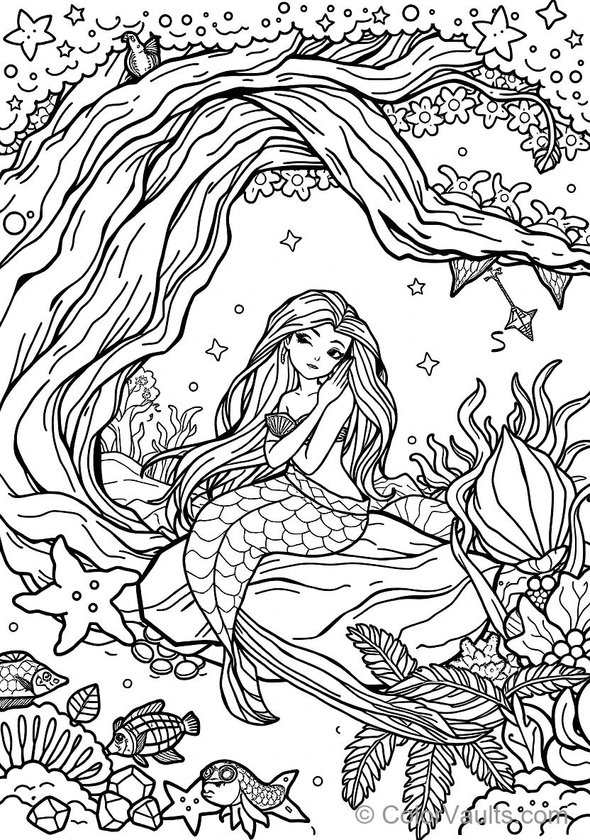 Graceful Mermaid with Long Flowing Hair Sitting (Scene 5)