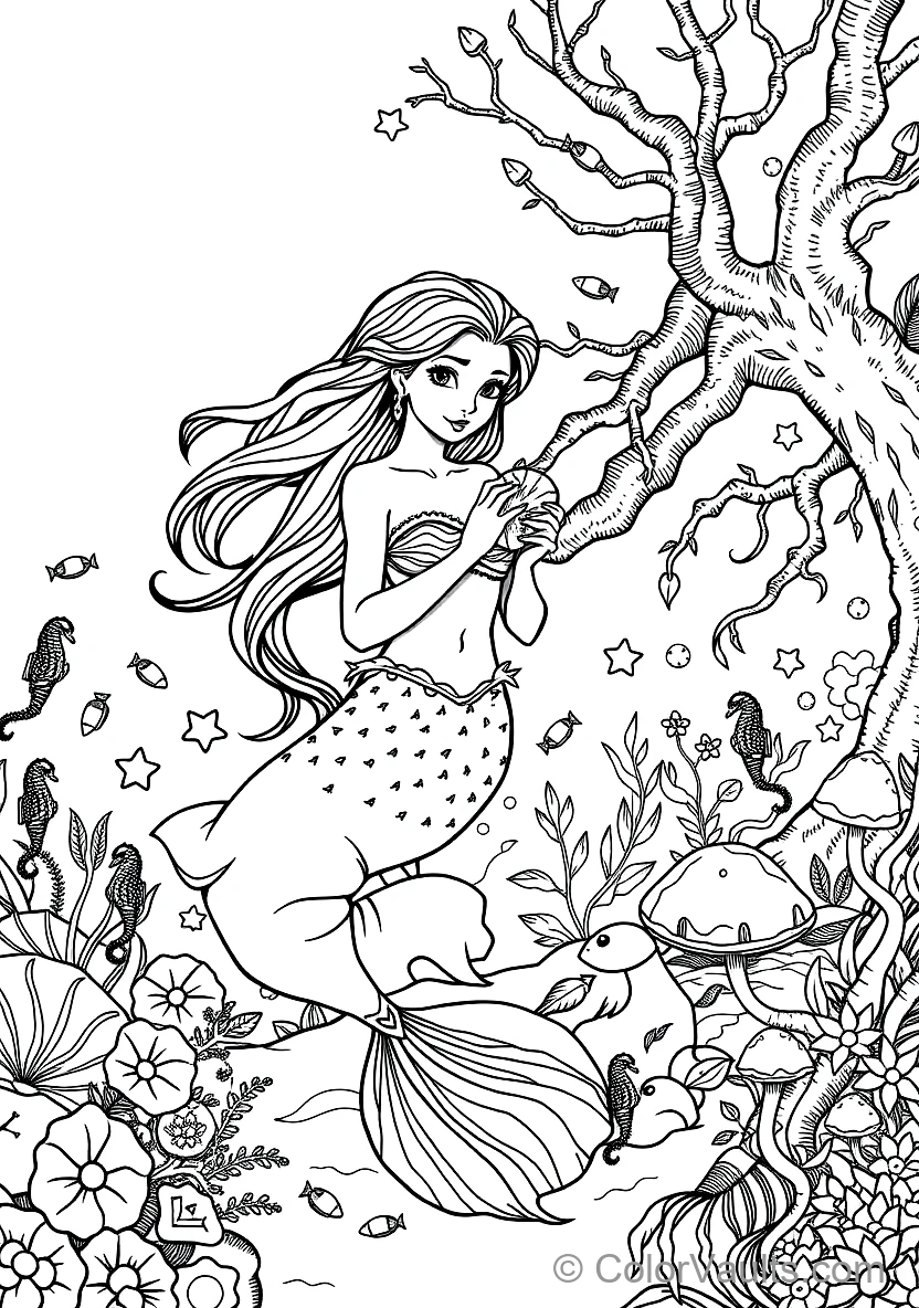 Graceful Mermaid with Long Flowing Hair Sitting (Scene 8)