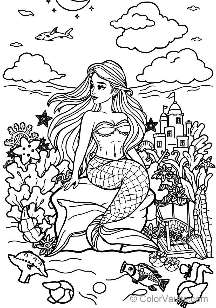 Graceful Mermaid with Long Flowing Hair Sitting (Scene 9)