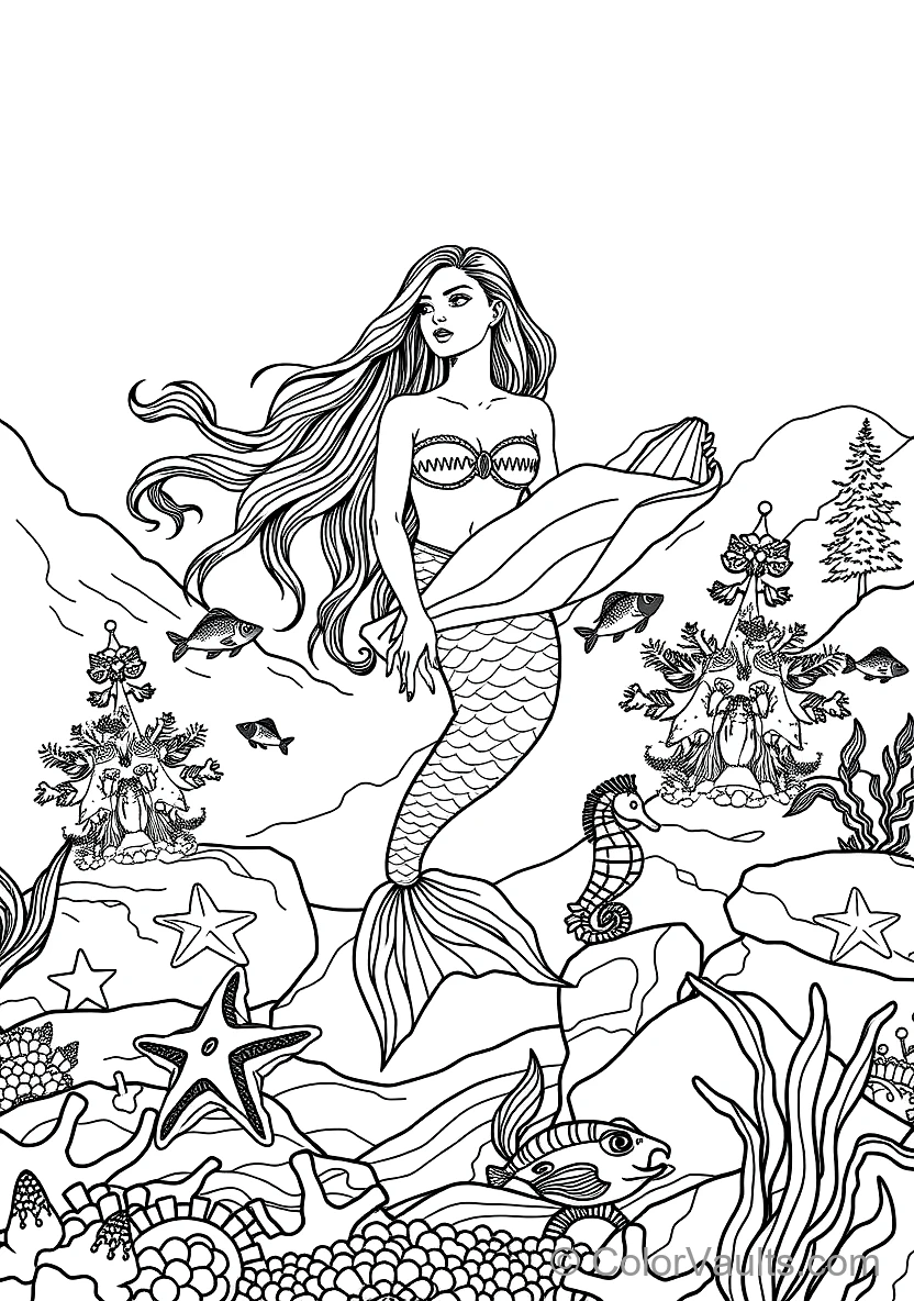 Graceful Mermaid with Long Flowing Hair Sitting (Scene 10)