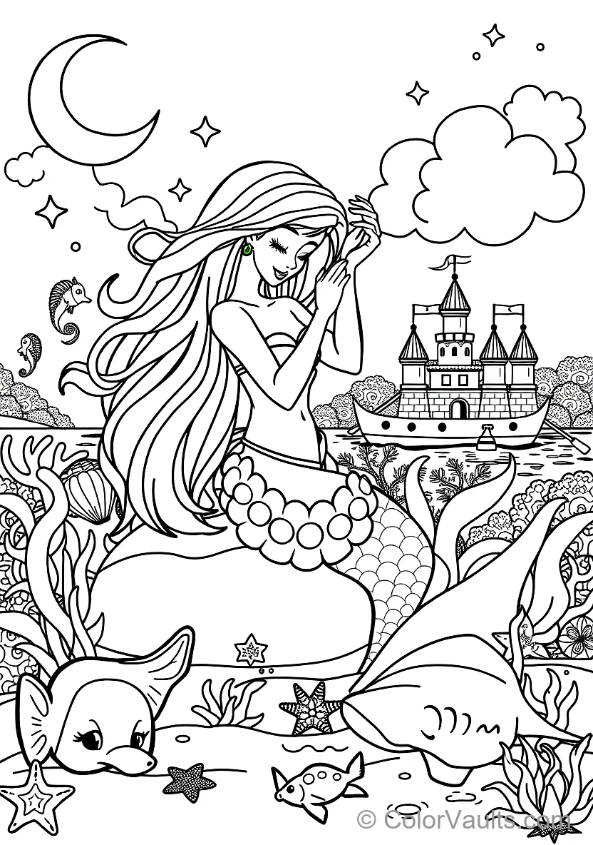 Graceful Mermaid with Long Flowing Hair Sitting (Scene 13)