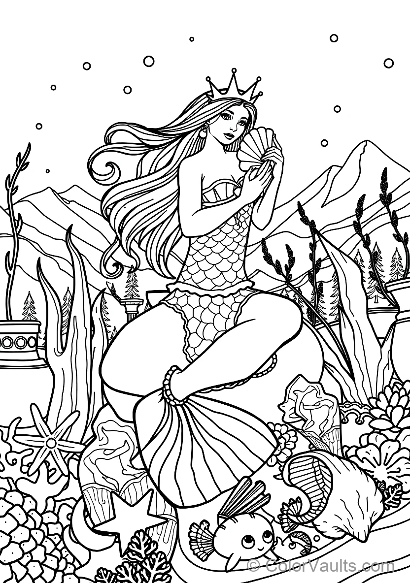 Graceful Mermaid with Long Flowing Hair Sitting (Scene 14)