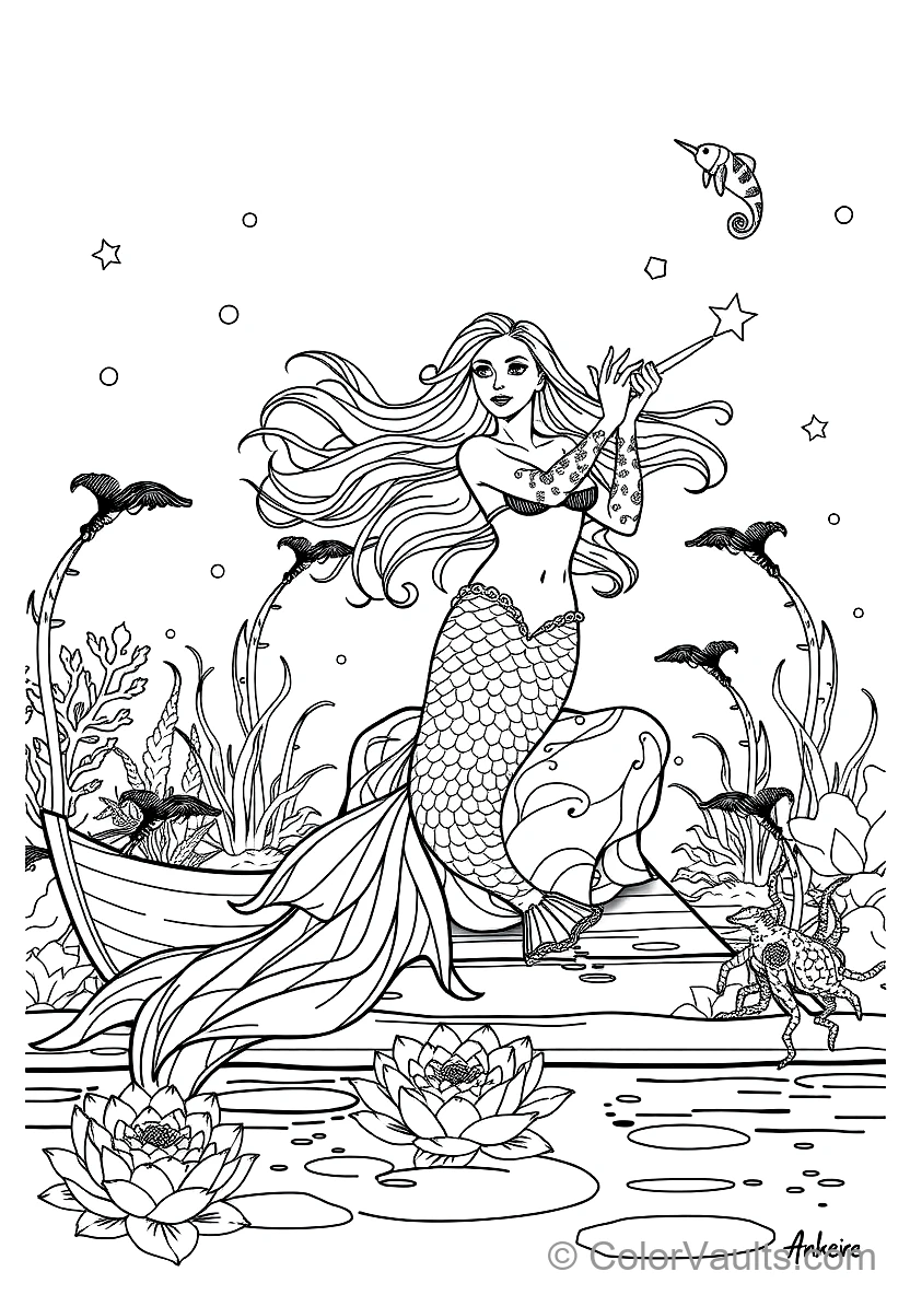 Graceful Mermaid with Long Flowing Hair Sitting (Scene 15)
