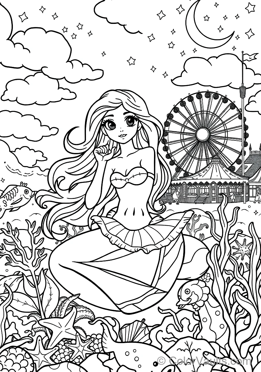 Graceful Mermaid with Long Flowing Hair Sitting (Scene 18)