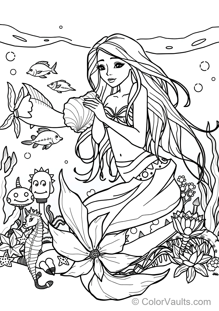 Graceful Mermaid with Long Flowing Hair Sitting (Scene 19)