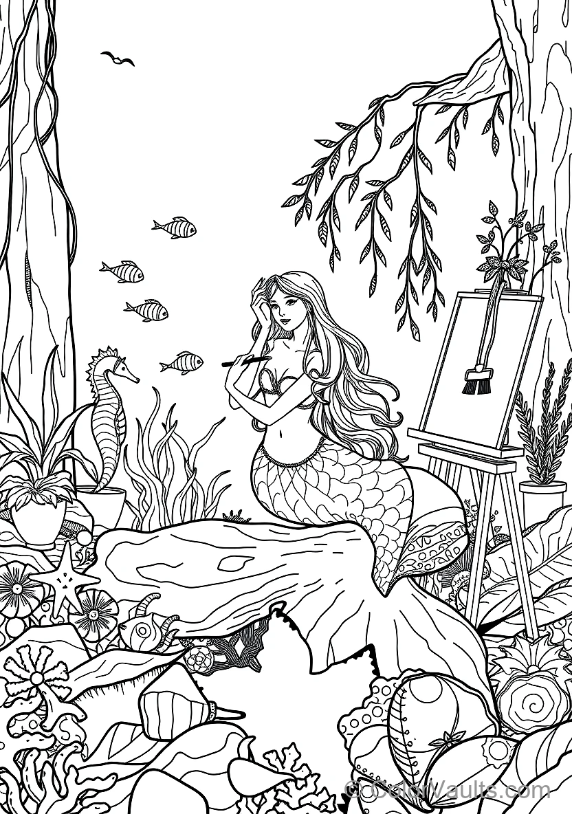 Graceful Mermaid with Long Flowing Hair Sitting (Scene 23)