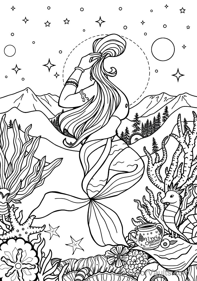 Graceful Mermaid with Long Flowing Hair Sitting (Scene 25)