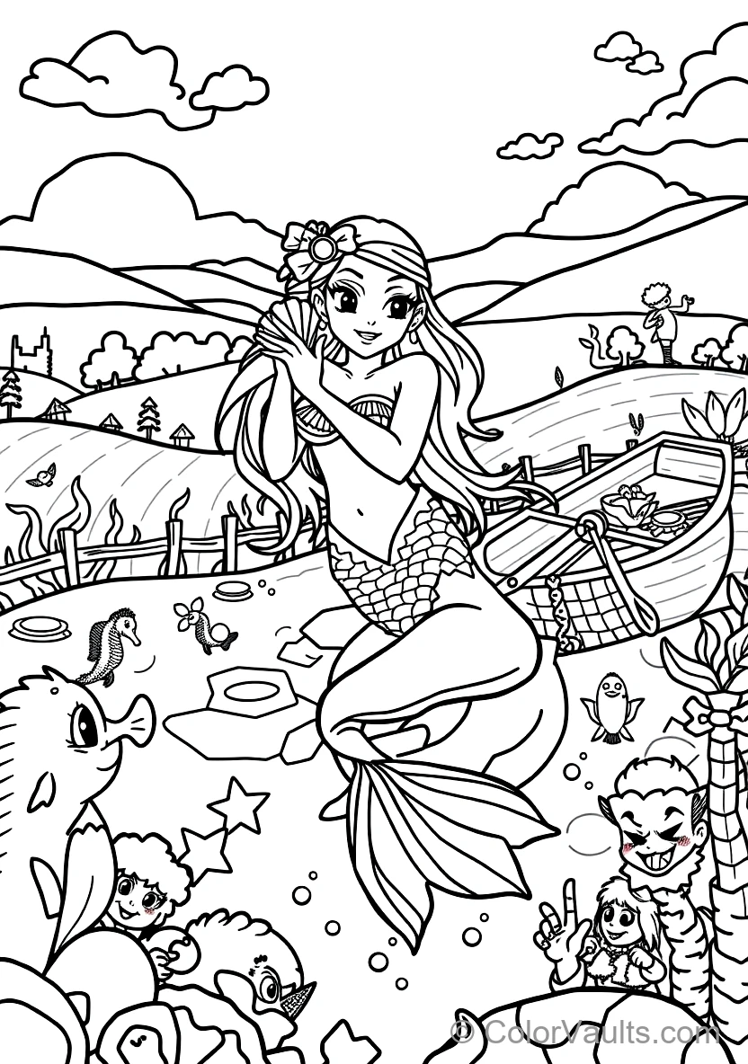 Graceful Mermaid with Long Flowing Hair Sitting (Scene 26)
