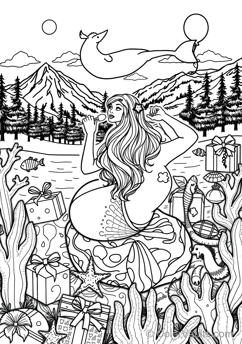 Graceful Mermaid with Long Flowing Hair Sitting (Scene 28)