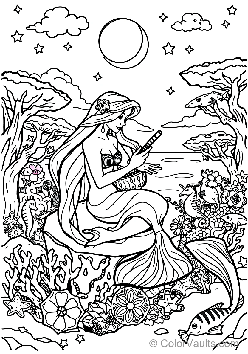 Graceful Mermaid with Long Flowing Hair Sitting (Scene 29)