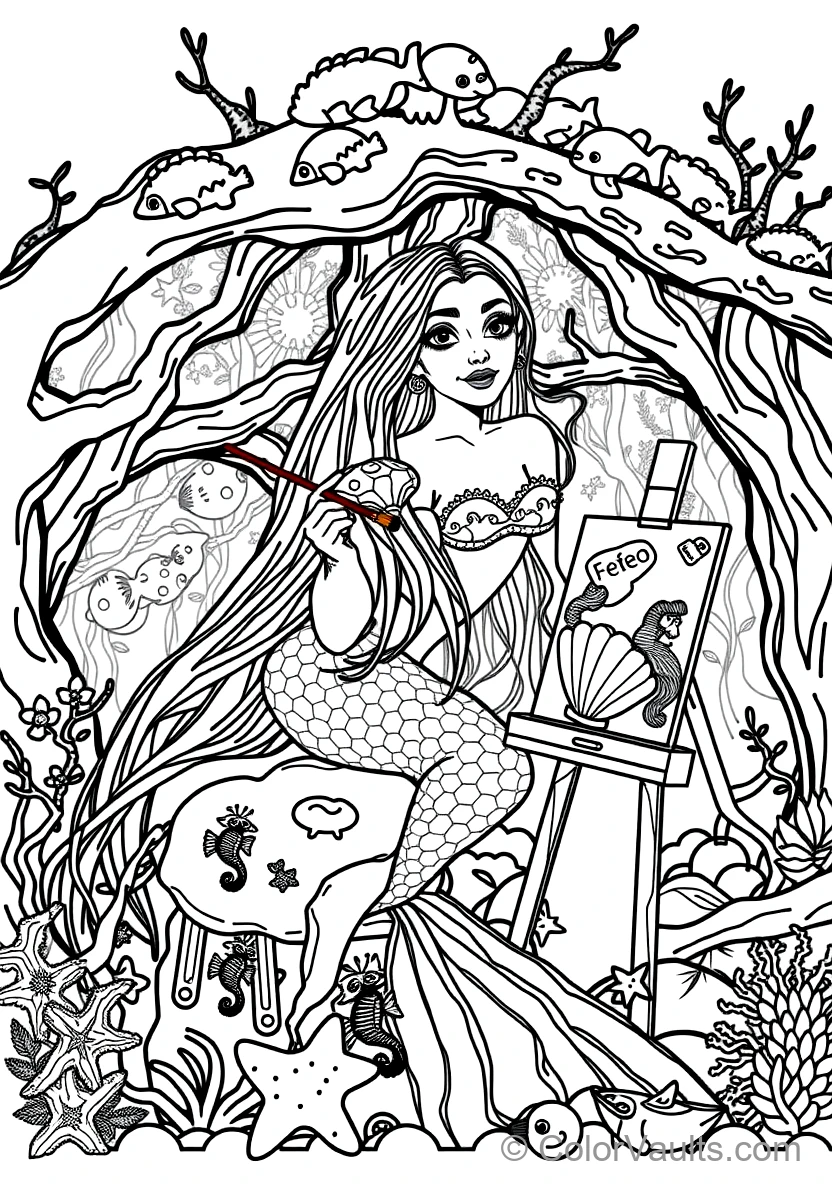 Graceful Mermaid with Long Flowing Hair Sitting (Scene 31)