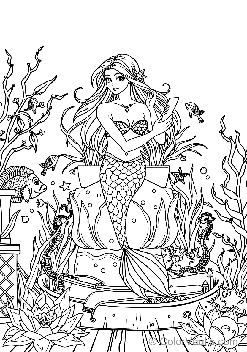 Graceful Mermaid with Long Flowing Hair Sitting (Scene 32)