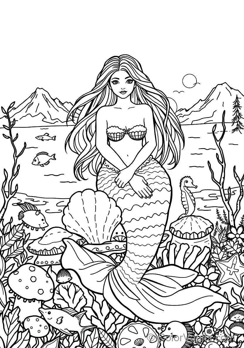 Graceful Mermaid with Long Flowing Hair Sitting (Scene 33)