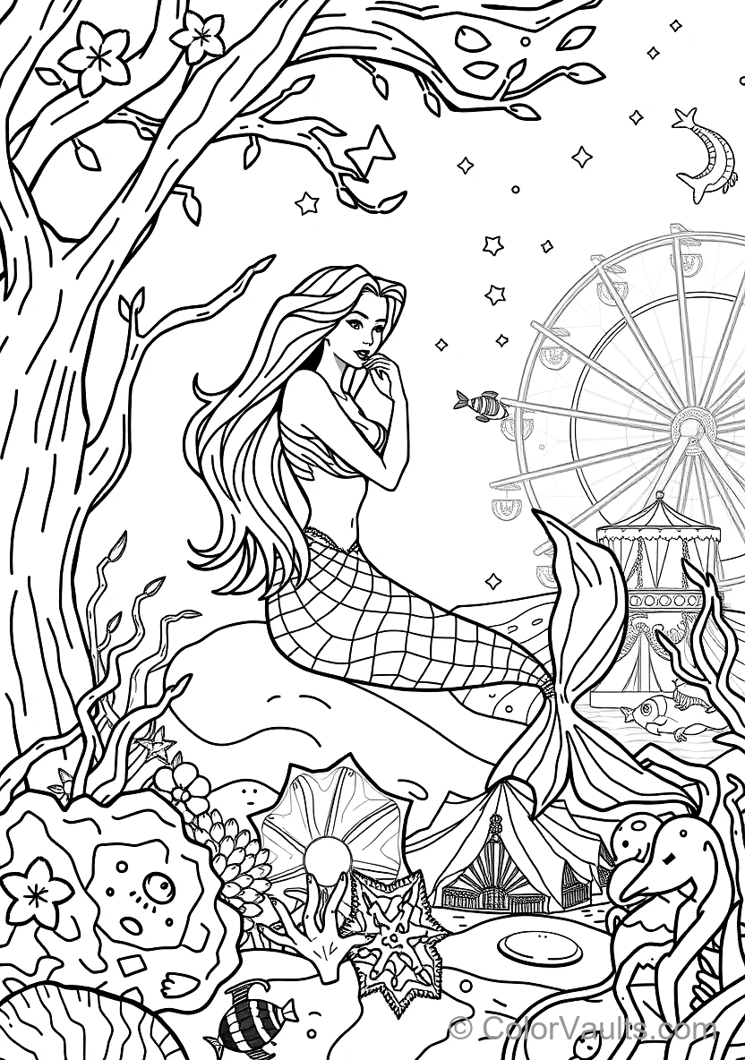 Graceful Mermaid with Long Flowing Hair Sitting (Scene 34)